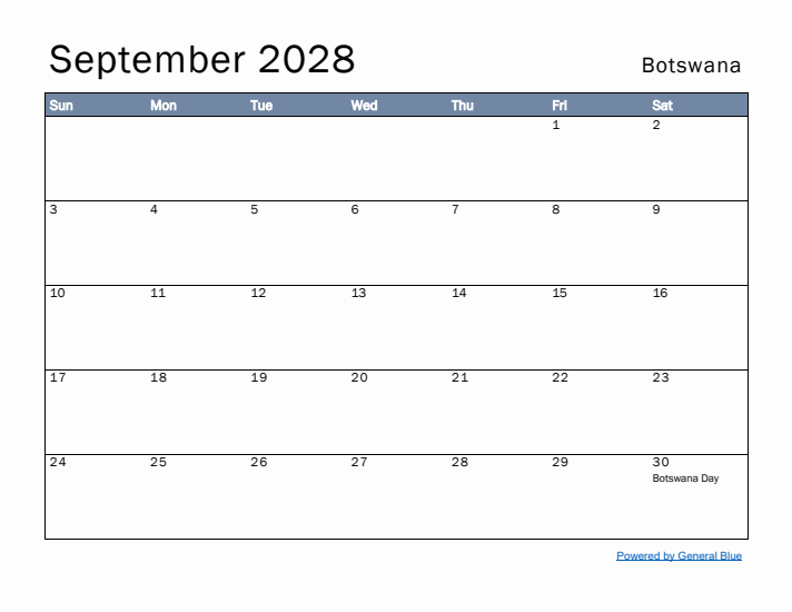 September 2028 Simple Monthly Calendar for Botswana