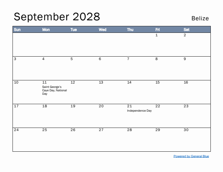 September 2028 Simple Monthly Calendar for Belize