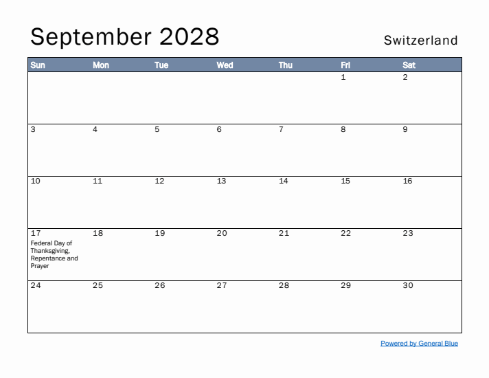 September 2028 Simple Monthly Calendar for Switzerland