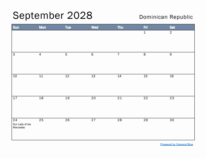 September 2028 Simple Monthly Calendar for Dominican Republic