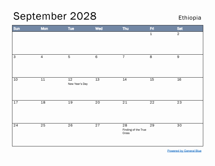 September 2028 Simple Monthly Calendar for Ethiopia