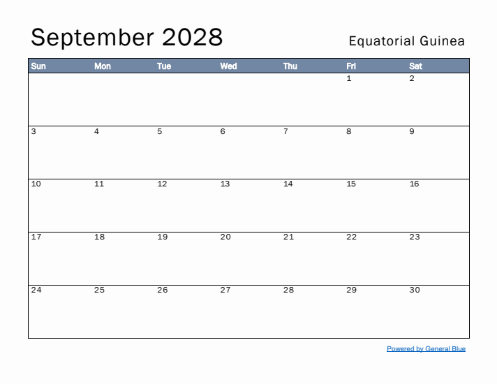 September 2028 Simple Monthly Calendar for Equatorial Guinea