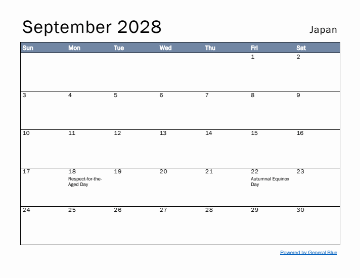 September 2028 Simple Monthly Calendar for Japan