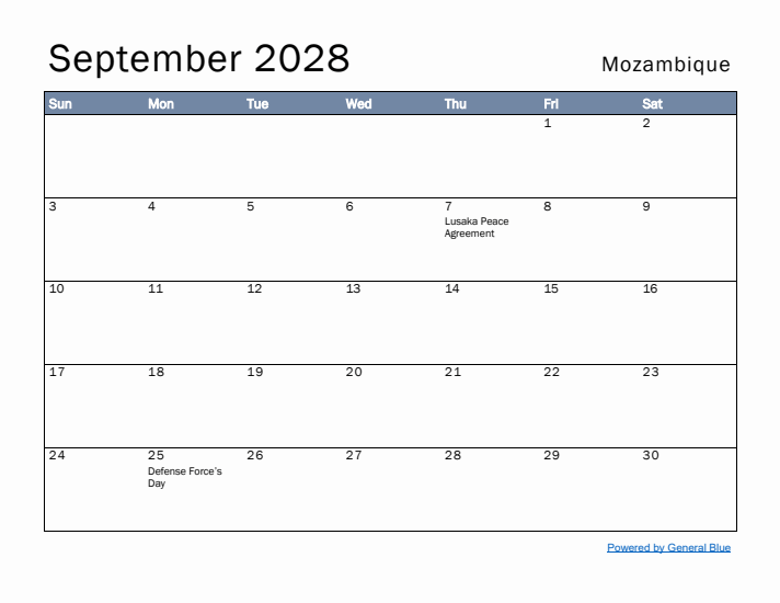 September 2028 Simple Monthly Calendar for Mozambique