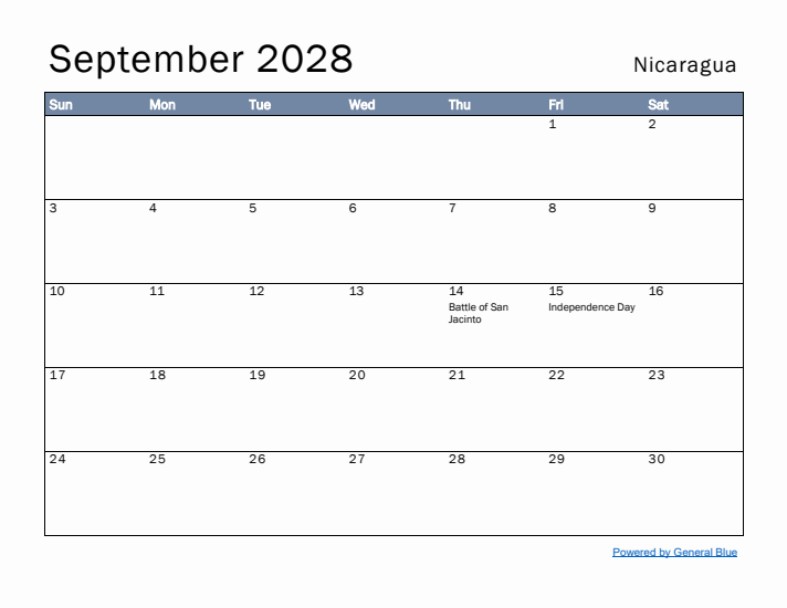 September 2028 Simple Monthly Calendar for Nicaragua