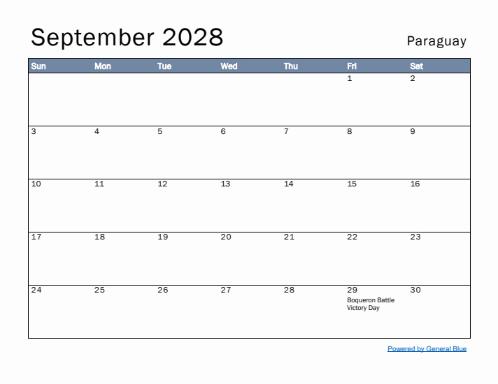 September 2028 Simple Monthly Calendar for Paraguay