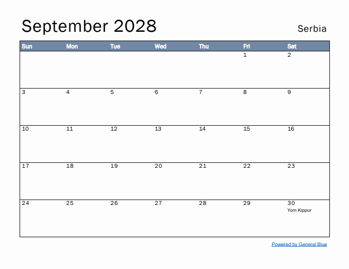 September 2028 Simple Monthly Calendar for Serbia