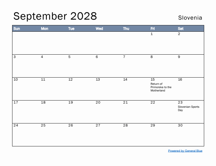 September 2028 Simple Monthly Calendar for Slovenia