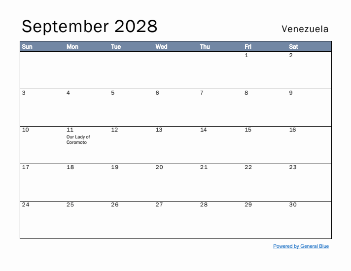 September 2028 Simple Monthly Calendar for Venezuela