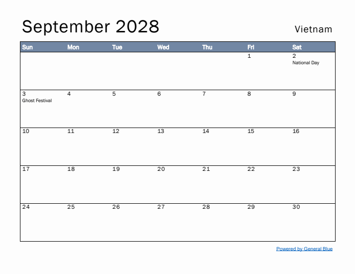 September 2028 Simple Monthly Calendar for Vietnam