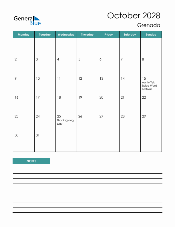 Calendar with Notes Printable - Monday Start