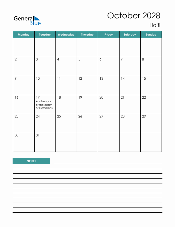 Calendar with Notes Printable - Monday Start