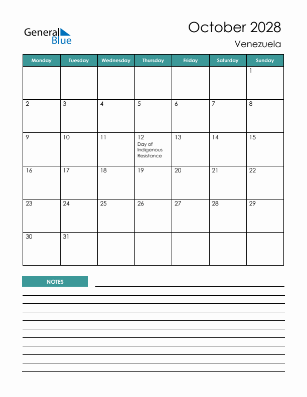 Calendar with Notes Printable - Monday Start