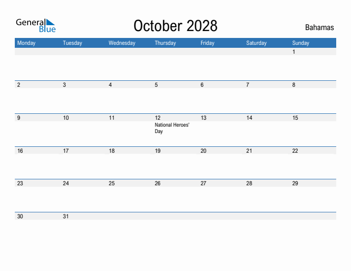 Fillable October 2028 Calendar