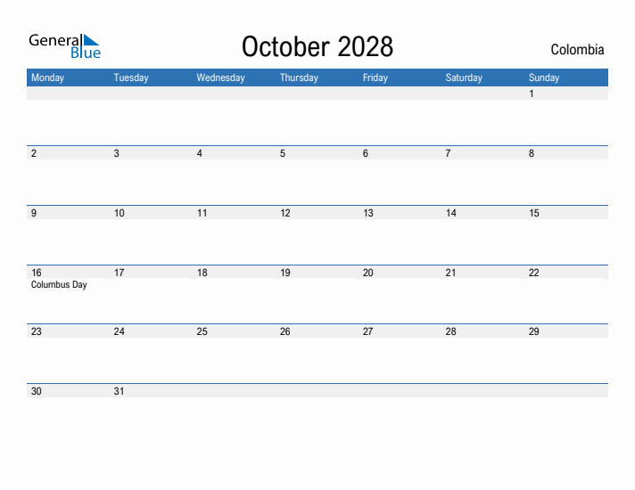 Fillable October 2028 Calendar