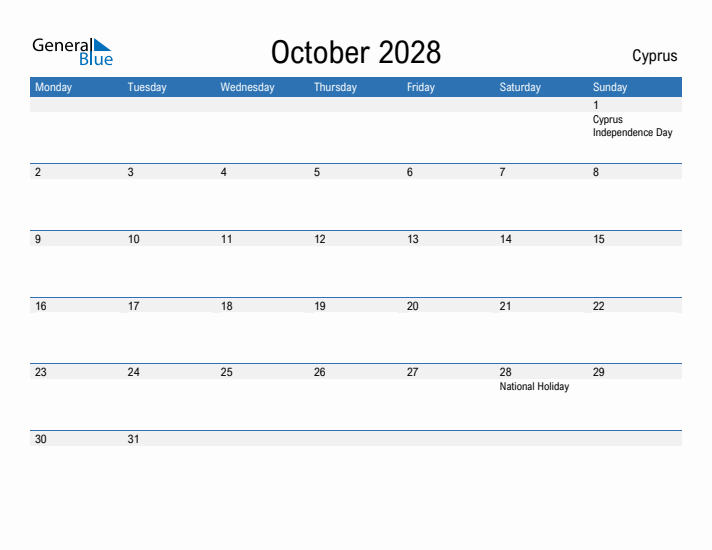 Fillable October 2028 Calendar