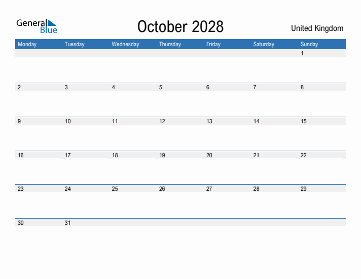 Fillable October 2028 Calendar