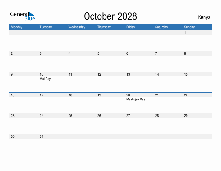 Fillable October 2028 Calendar