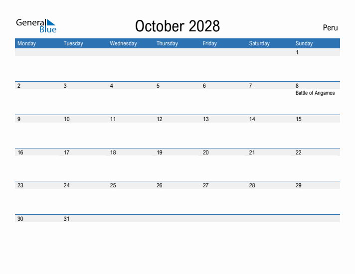 Fillable October 2028 Calendar