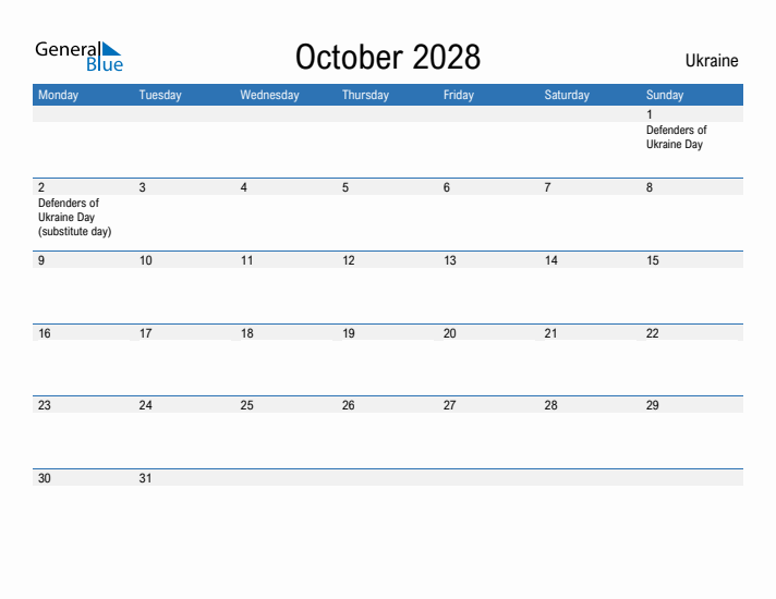 Fillable October 2028 Calendar