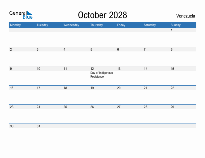 Fillable October 2028 Calendar