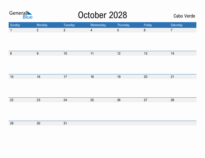 Fillable October 2028 Calendar