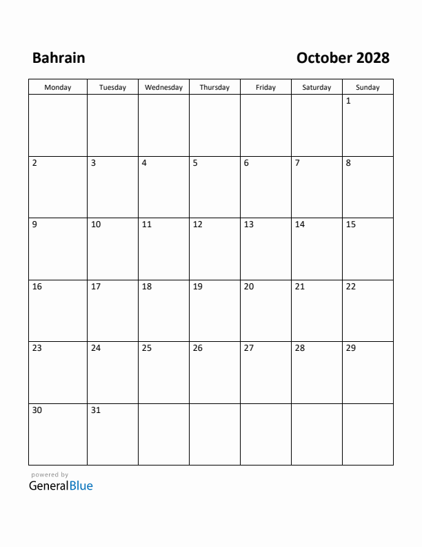 October 2028 Calendar with Bahrain Holidays