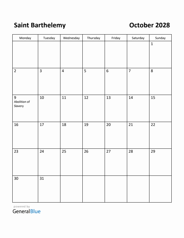 October 2028 Calendar with Saint Barthelemy Holidays