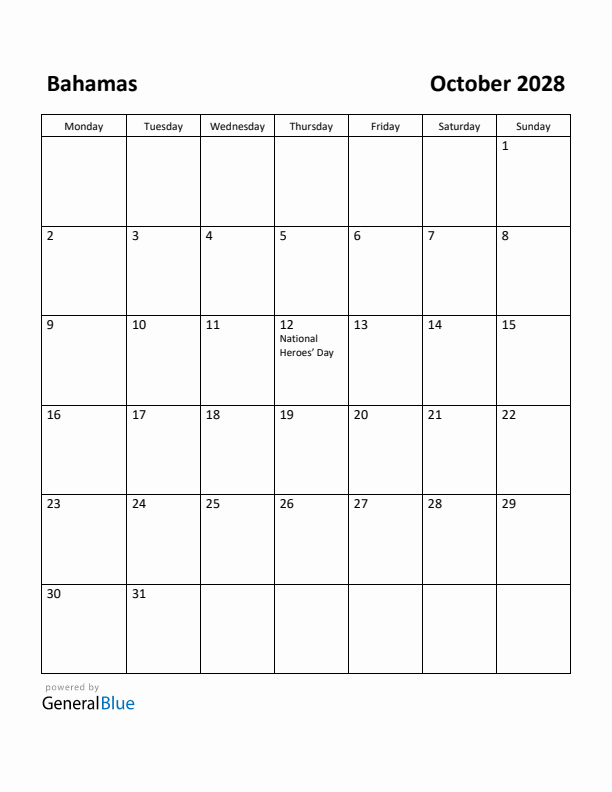 October 2028 Calendar with Bahamas Holidays