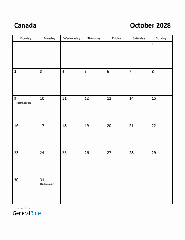 October 2028 Calendar with Canada Holidays