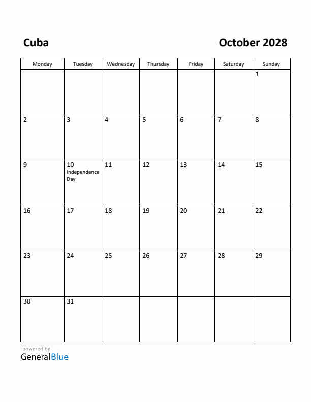 October 2028 Calendar with Cuba Holidays