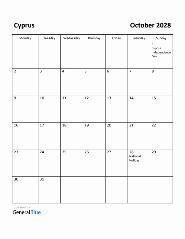 October 2028 Calendar with Cyprus Holidays