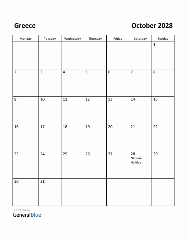 October 2028 Calendar with Greece Holidays