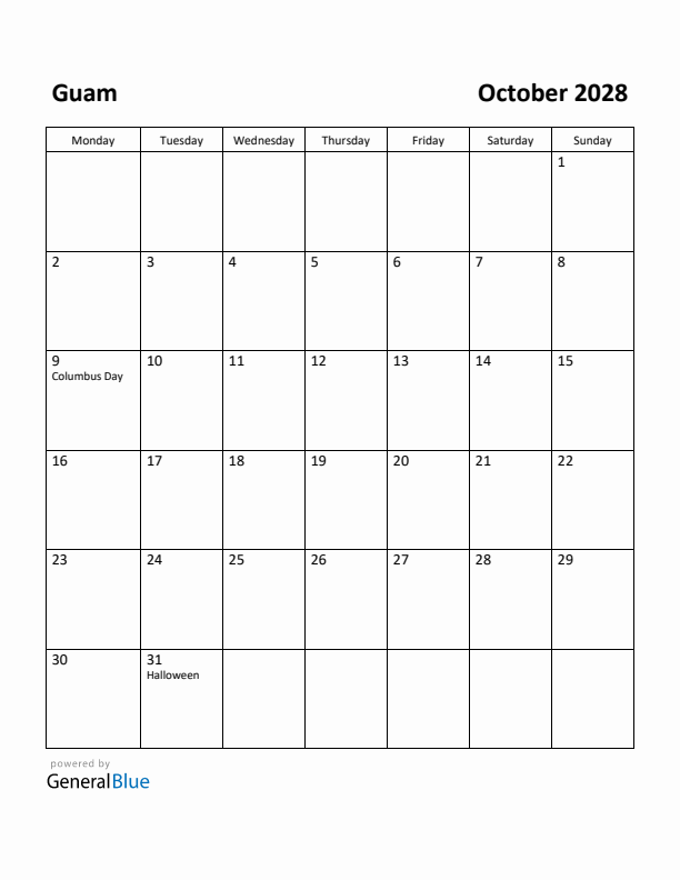 October 2028 Calendar with Guam Holidays