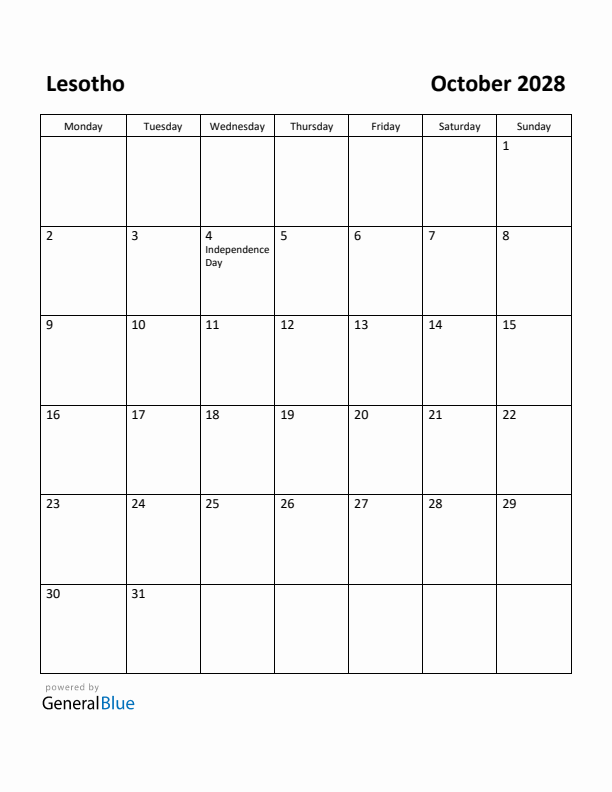 October 2028 Calendar with Lesotho Holidays