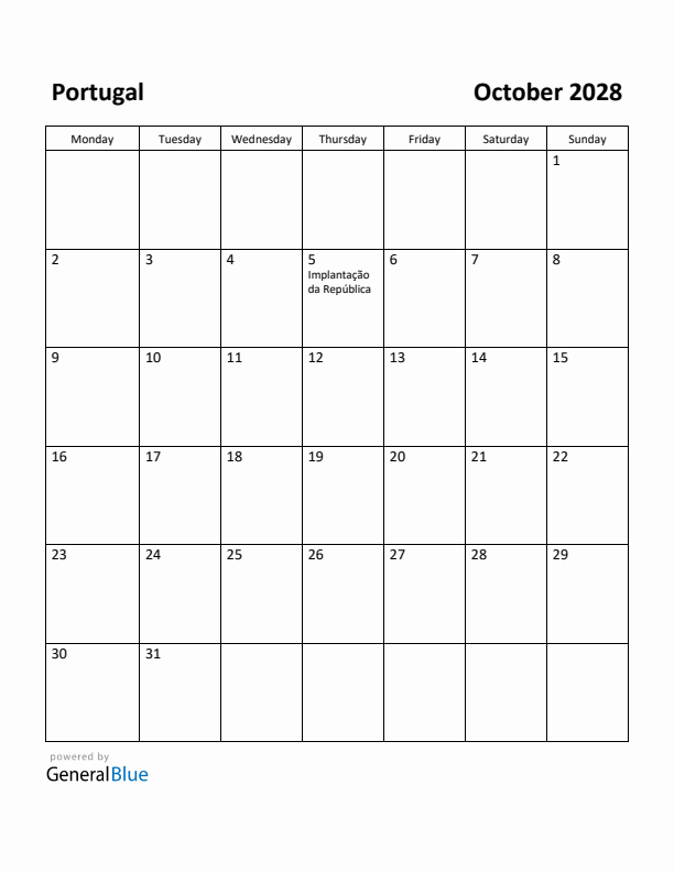 October 2028 Calendar with Portugal Holidays