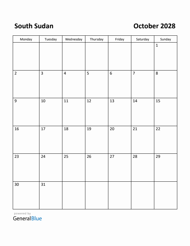 October 2028 Calendar with South Sudan Holidays