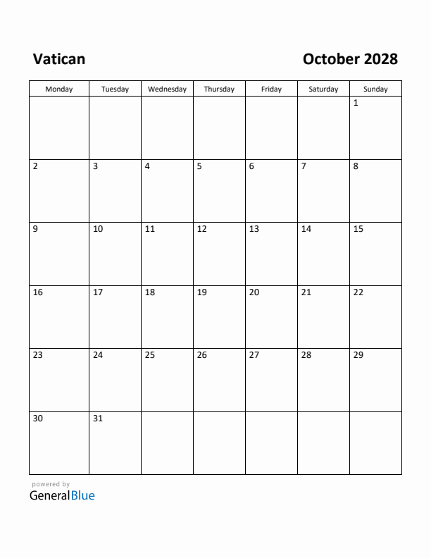 October 2028 Calendar with Vatican Holidays