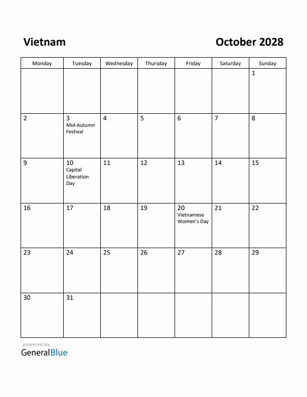 October 2028 Calendar with Vietnam Holidays