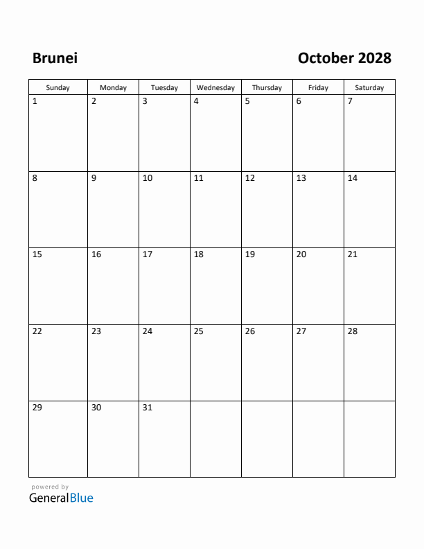 October 2028 Calendar with Brunei Holidays