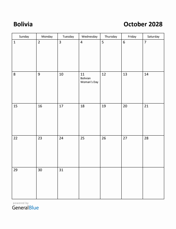 October 2028 Calendar with Bolivia Holidays