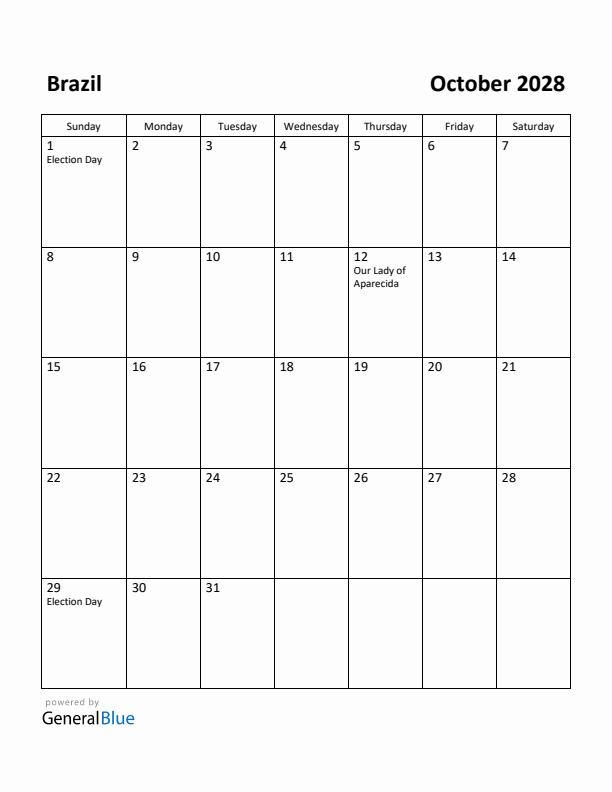 October 2028 Calendar with Brazil Holidays