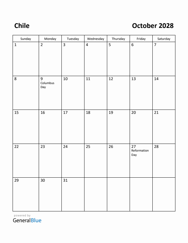 October 2028 Calendar with Chile Holidays