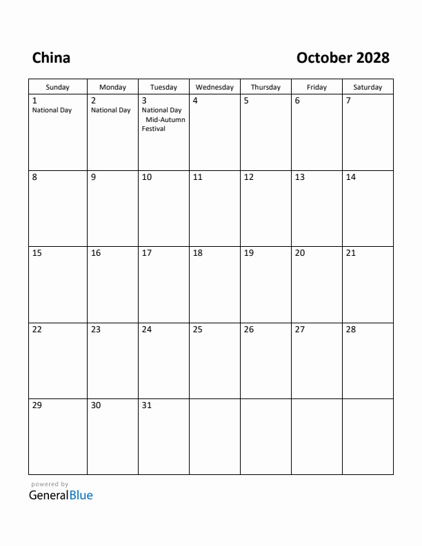 October 2028 Calendar with China Holidays