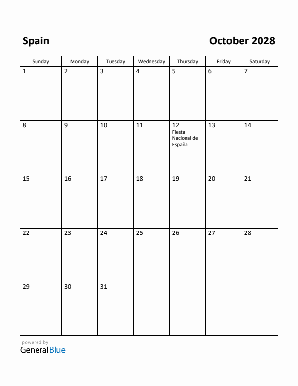 October 2028 Calendar with Spain Holidays