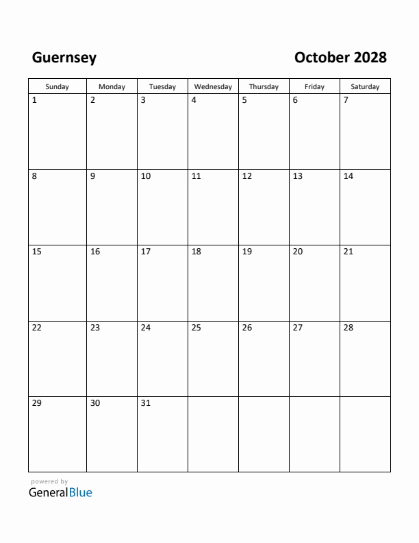 October 2028 Calendar with Guernsey Holidays