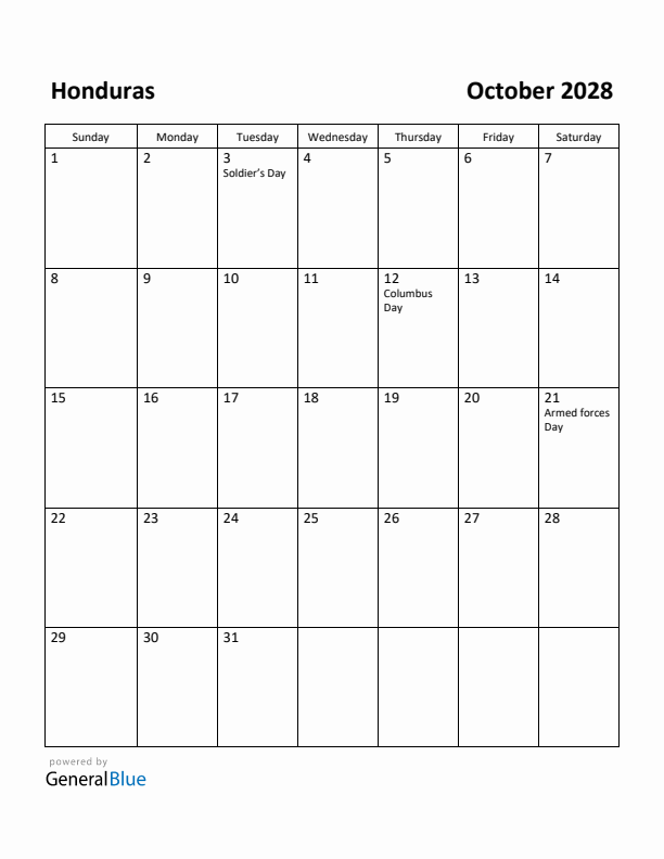 October 2028 Calendar with Honduras Holidays