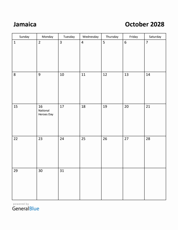 October 2028 Calendar with Jamaica Holidays