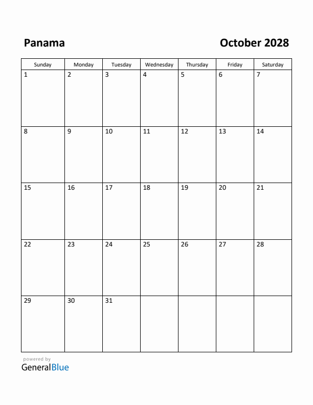 October 2028 Calendar with Panama Holidays