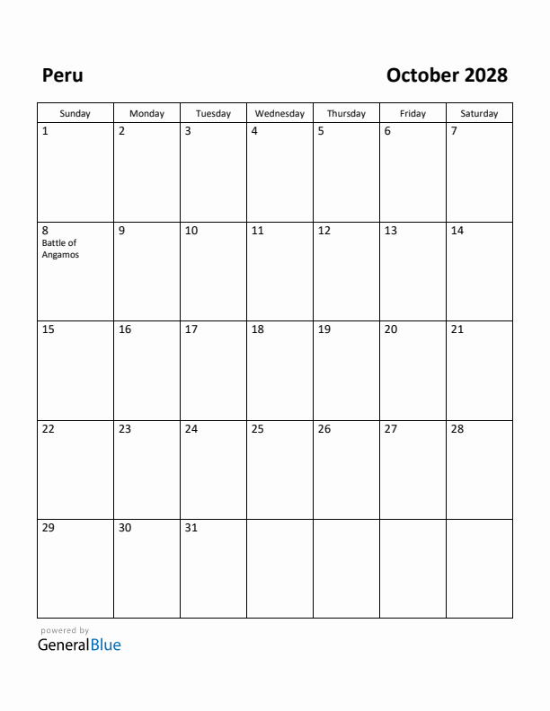 October 2028 Calendar with Peru Holidays